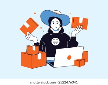 Ilustração flat design de empreendedora gerenciando loja de dropshipping — dropshipping vale a pena 2026