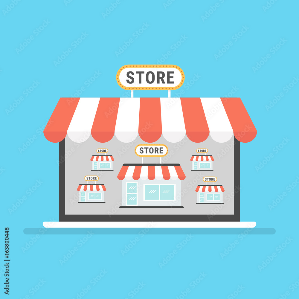 Ilustração flat design de marketplace online com múltiplas lojas — como vender na Temu Brasil como lojista local