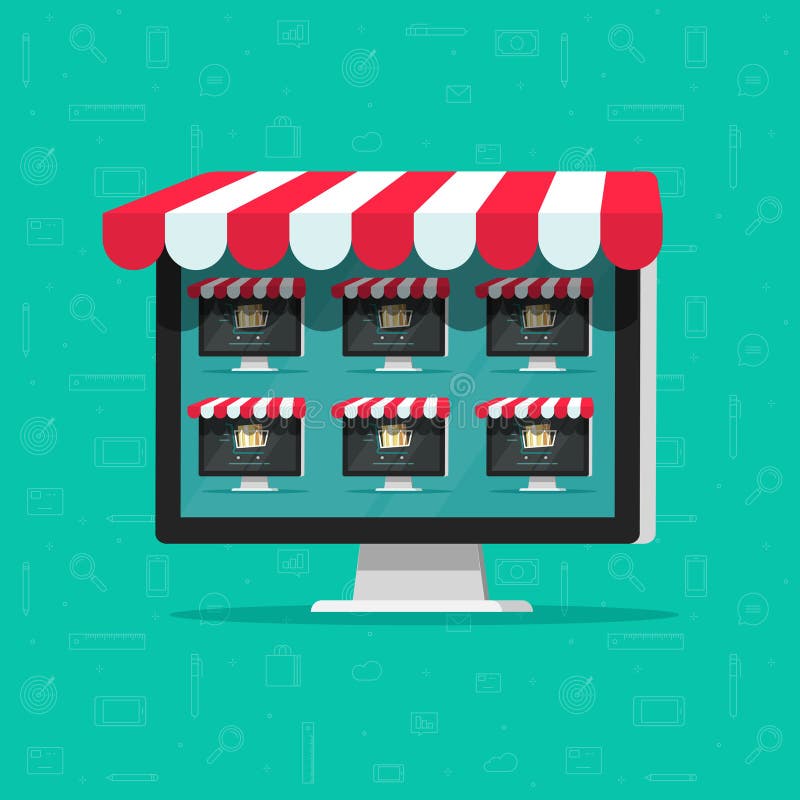 Ilustração vetorial de marketplace digital com lojas virtuais — estratégia de vendas na Temu Brasil