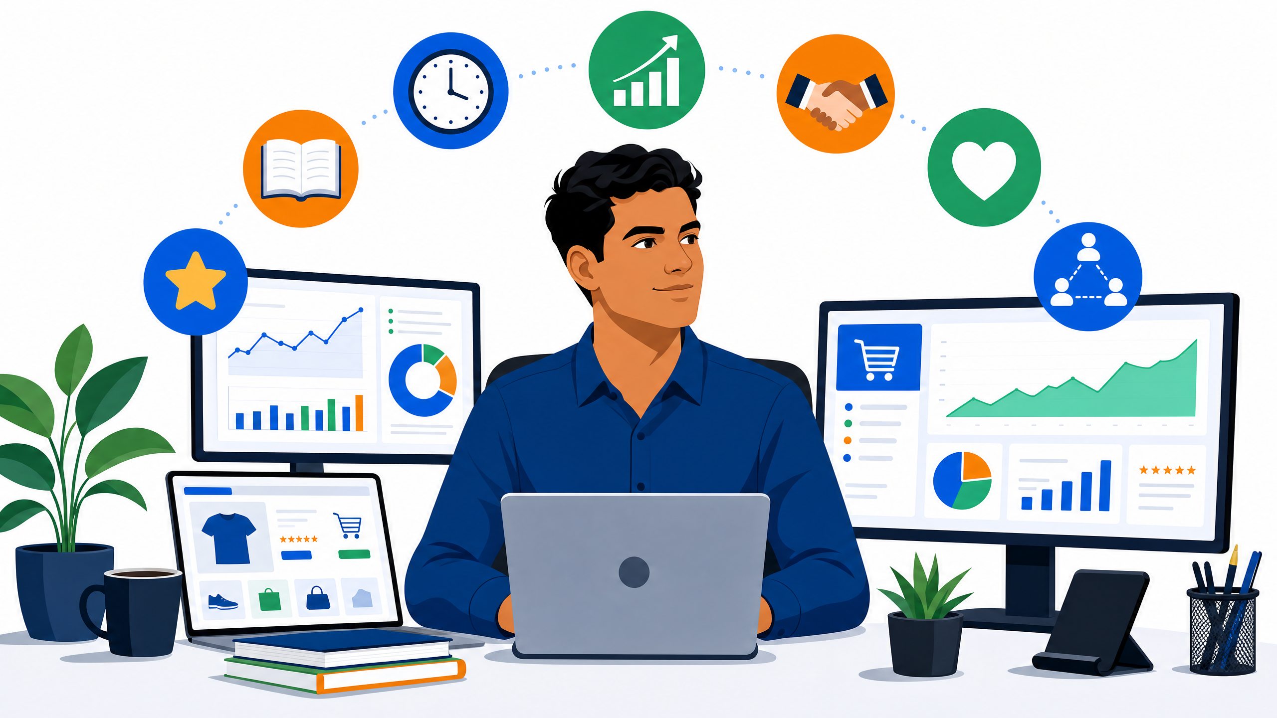 Empreendedor digital bem-sucedido no dropshipping rodeado de ícones representando os 7 hábitos de sucesso