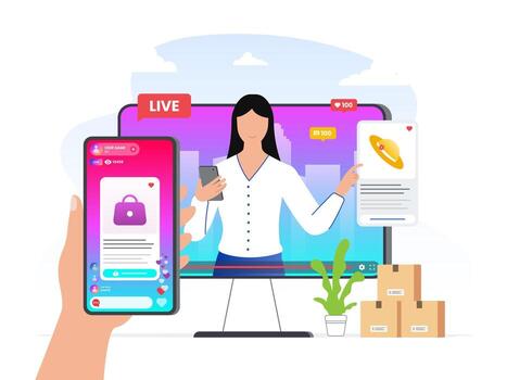 Ilustração flat design de mulher vendendo online via social commerce com live streaming — TikTok vs Kwai para dropshipping