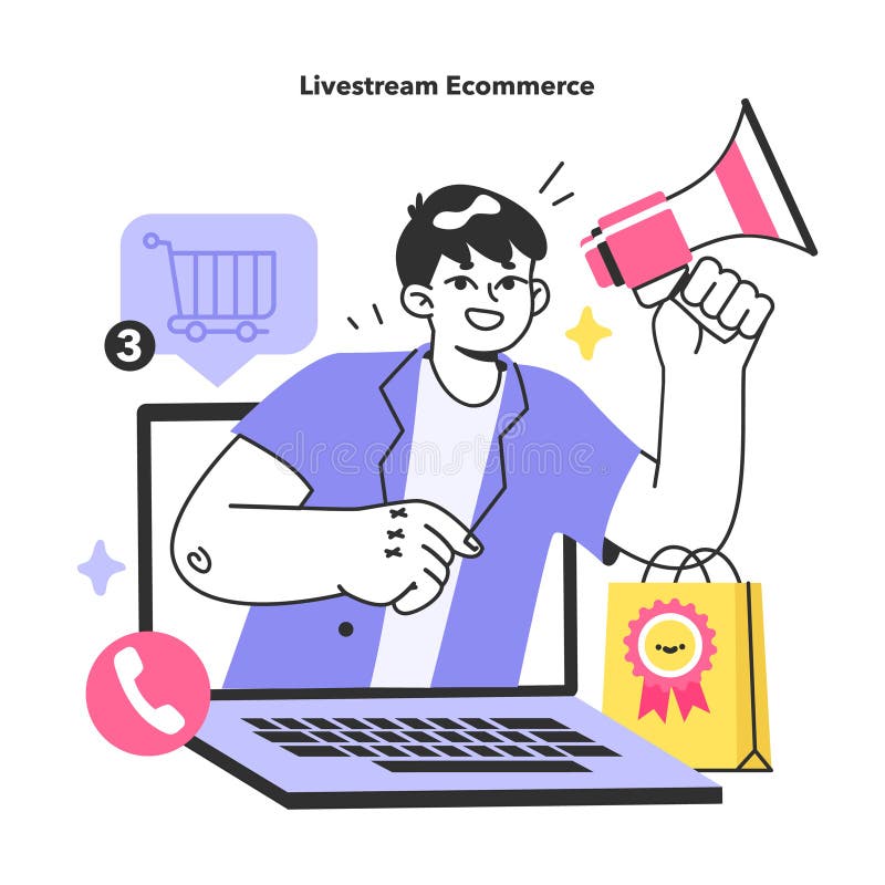 Ilustração flat design de live commerce no TikTok Shop — estratégia para vender mais com dropshipping nacional